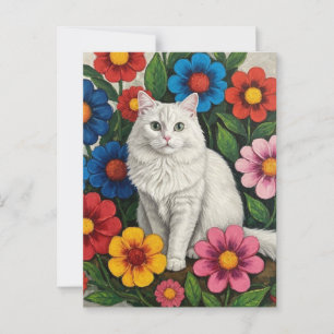 Postal Flores de gato blanco y de arte folclórico