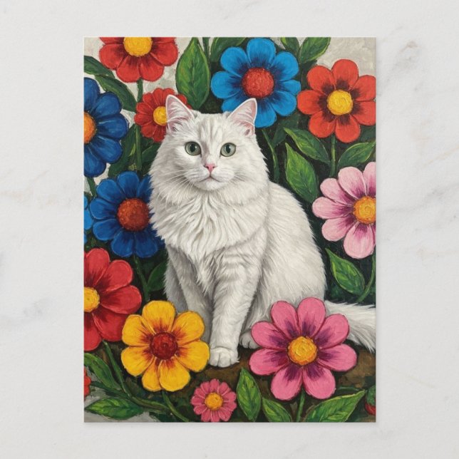 Postal Flores de gato blanco y de arte folclórico (Anverso)