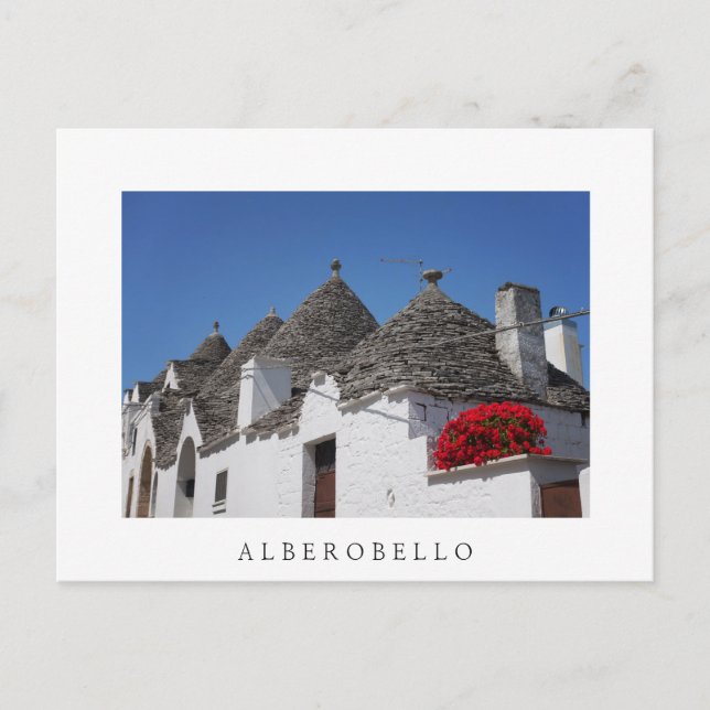 Postal Flores de geranio y casas de trullos en Alberobell (Anverso)