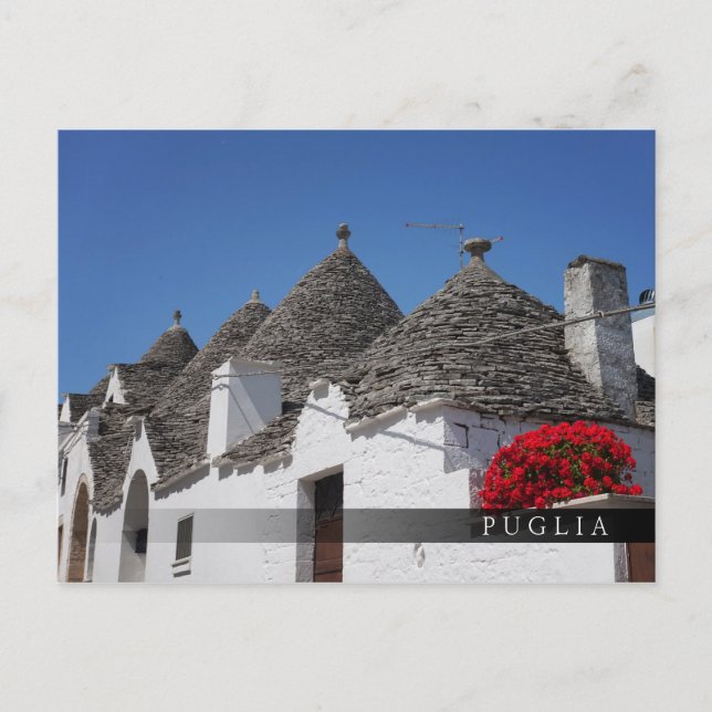Postal Flores de geranio y casas de trullos en Alberobell (Anverso)