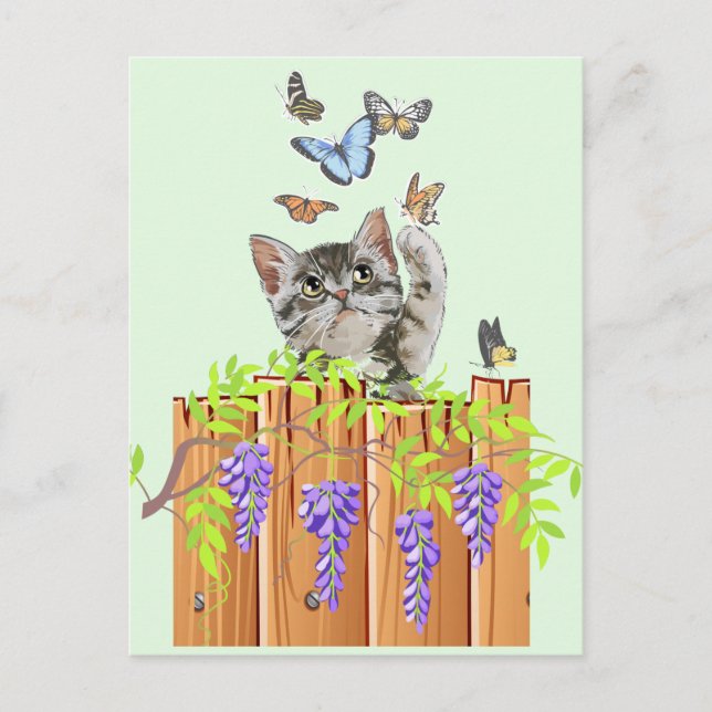 Postal Flores de glicinia de gatito y mariposas (Anverso)