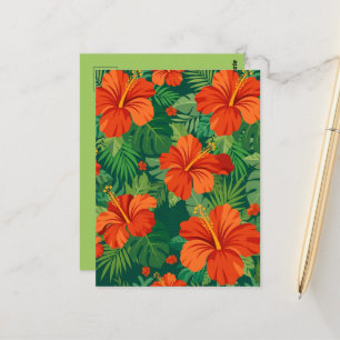 Postal Flores de Hibisco Rojo Naranja Verde Follaje de la