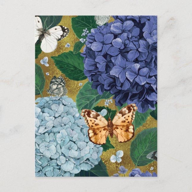 Postal Flores de hidrangea azul y mariposa (Anverso)