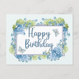 Postal Flores de Hortensia Acuarela Azul Cumpleaños Feliz