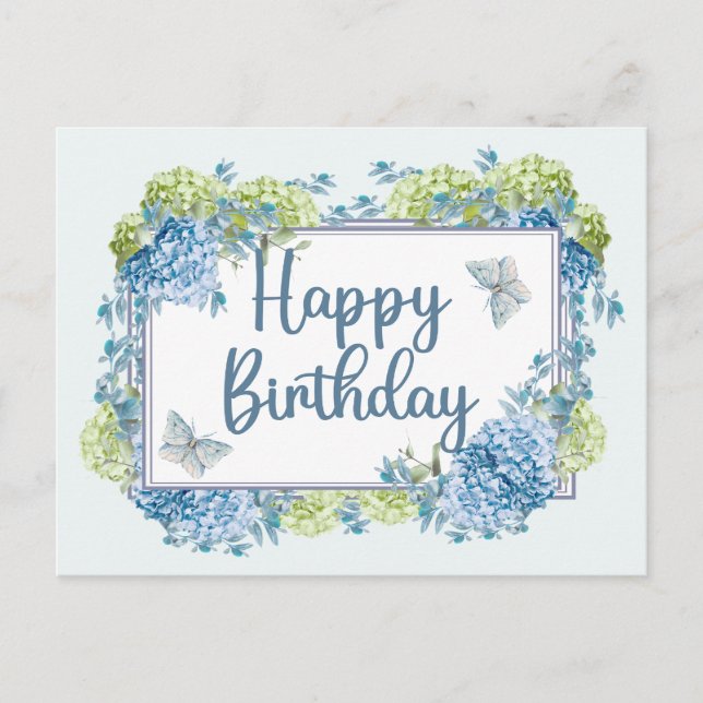 Postal Flores de Hortensia Acuarela Azul Cumpleaños Feliz (Anverso)
