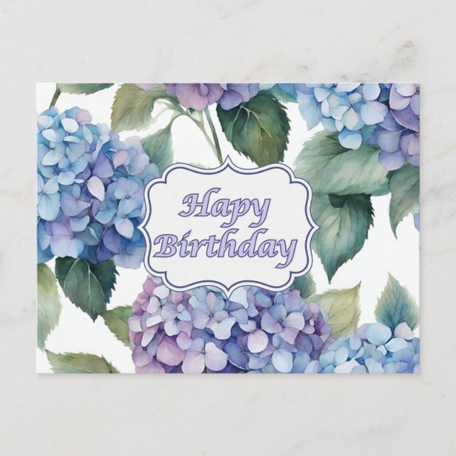 Postal Flores de Hortensias Acuarela Cumpleaños Feliz  (Anverso)