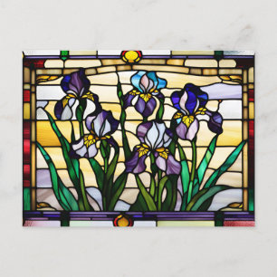 Postal Flores de Iris Púrpura Vidrio Pintado