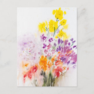 Postal Flores de jardín amarillas, moradas y rojas acuare