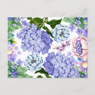 Postal Flores de jardín de acuarela púrpura, rosa y azul 