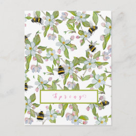 Postal Flores de jardín de primavera y abejorros