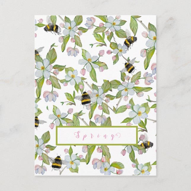 Postal Flores de jardín de primavera y abejorros (Anverso)