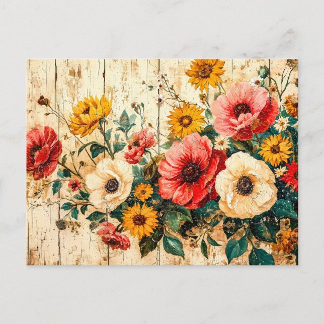 Postal Flores de jardín rojas y amarillas sobre madera (Anverso)