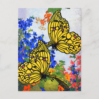 Postal Flores de jardín y mariposas Vivid Vintage 1920