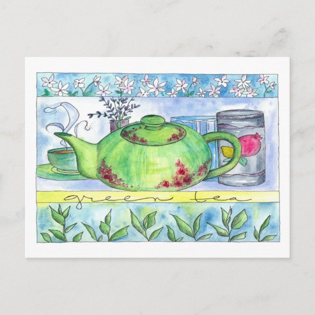 Postal Flores de jazmín en teapot de té verde (Anverso)