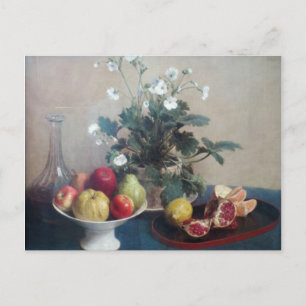Postal Flores de la vida: el plato de la fruta y la caraf