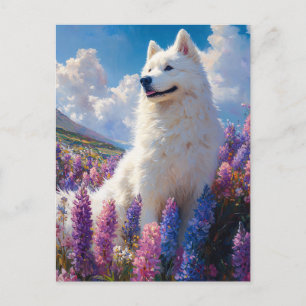 Postal Flores de Lupina Púrpura de Perro Samoyada