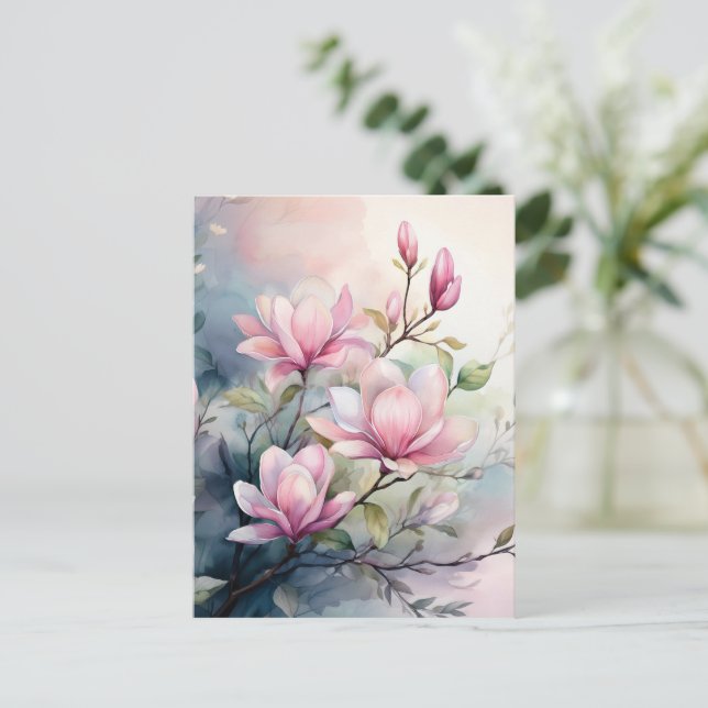 Postal Flores de Magnolia Rosa Botánico (Anverso de pie)