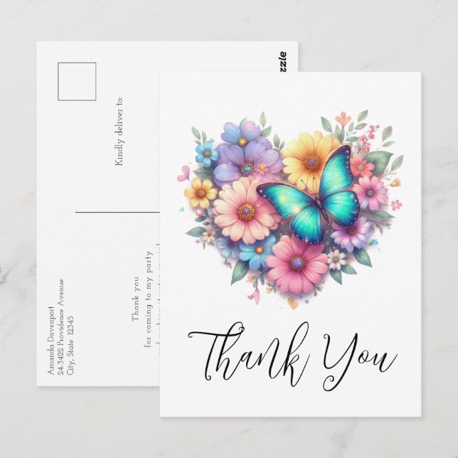 Postal Flores de margarita con una hermosa mariposa Graci (Anverso / Reverso)