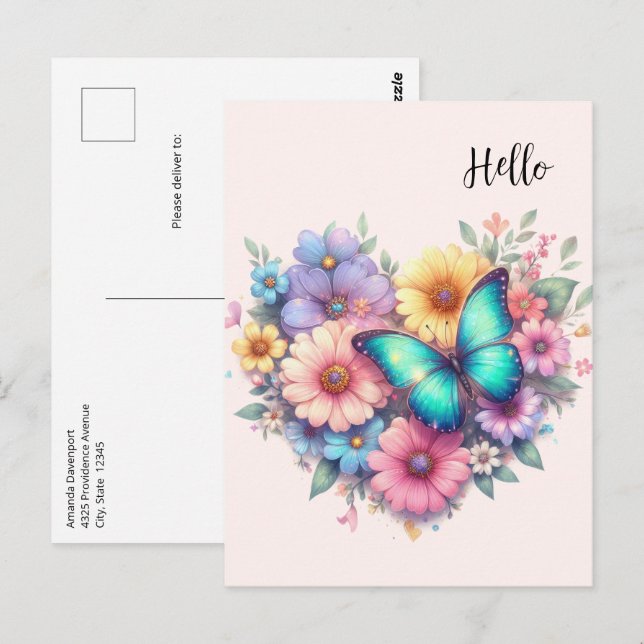 Postal Flores de margaritas con una hermosa mariposa (Anverso / Reverso)