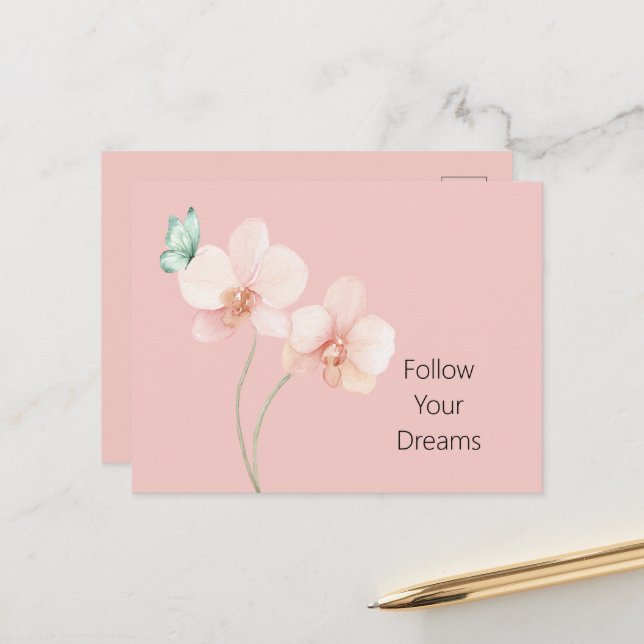 Postal Flores de orquídea rosa mariposa verde menta (Anverso/Reverso In Situ)