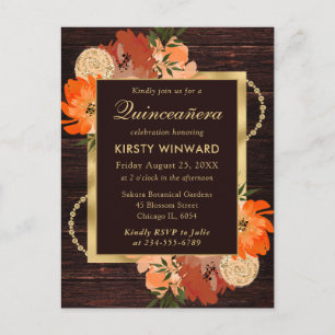 Postal Flores de otoño de Naranja quemado rústico Quincea