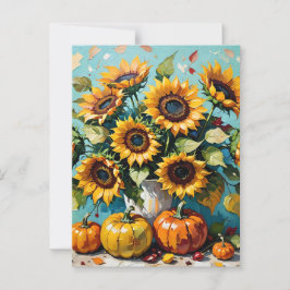 Postal Flores de otoño, girasoles otoñales y calabazas,