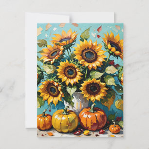 Postal Flores de otoño, girasoles otoñales y calabazas,