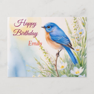 Postal Flores de pájaro azul personalizadas acuarela cump