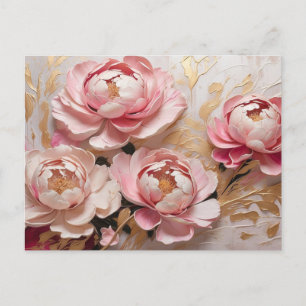 Postal Flores de peonía abstractas rosadas y doradas