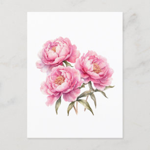 Postal Flores de peonía rosadas acuarela