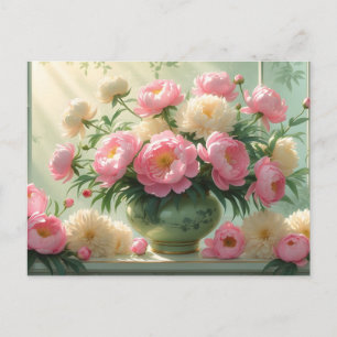 Postal Flores de peonía rosadas y blancas en naturaleza m
