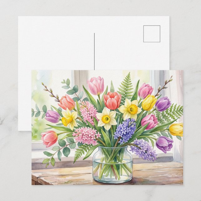 Postal Flores de primavera boho en acuarela (Anverso / Reverso)
