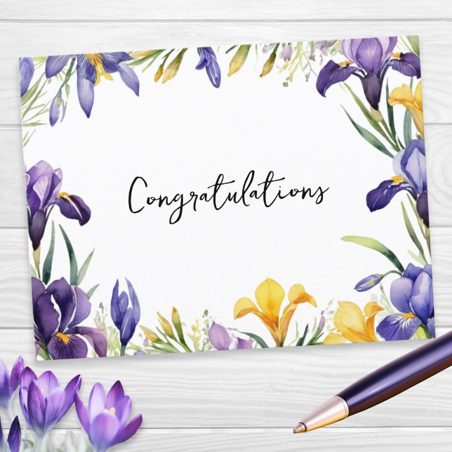 Postal Flores de Primavera Borde Floral Felicitaciones (A postcard with 'Congratulations' message and a border of Spring flowers in a watercolor style)