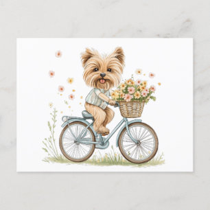 Postal Flores de primavera en bicicleta de perro de Yorki