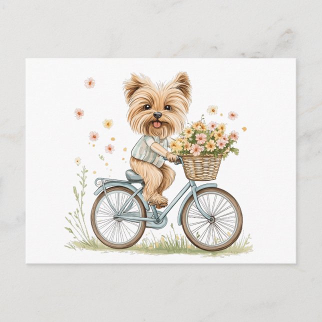 Postal Flores de primavera en bicicleta de perro de Yorki (Anverso)
