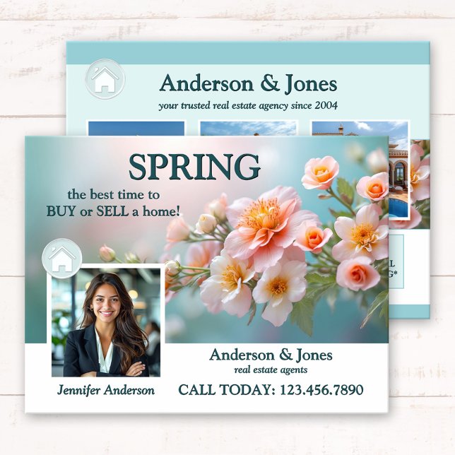 Postal Flores de primavera foto inmobiliaria (Real Estate marketing postcard featuring a pretty image of spring flowers with your custom photo)