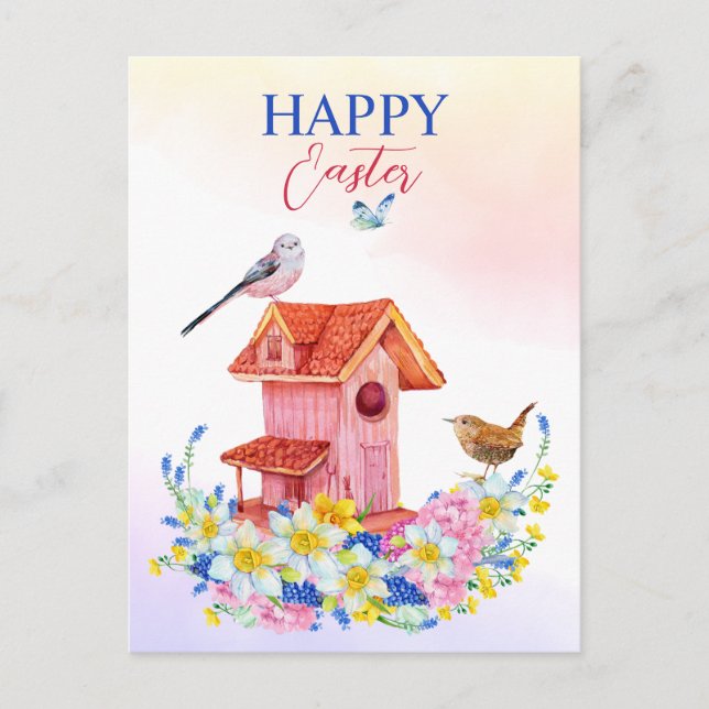 Postal Flores de primavera y la casa de pájaros feliz Pas (Anverso)