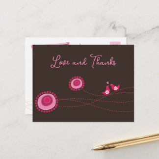 Postal Flores de Punto Rosa y Aves Felices Gracias