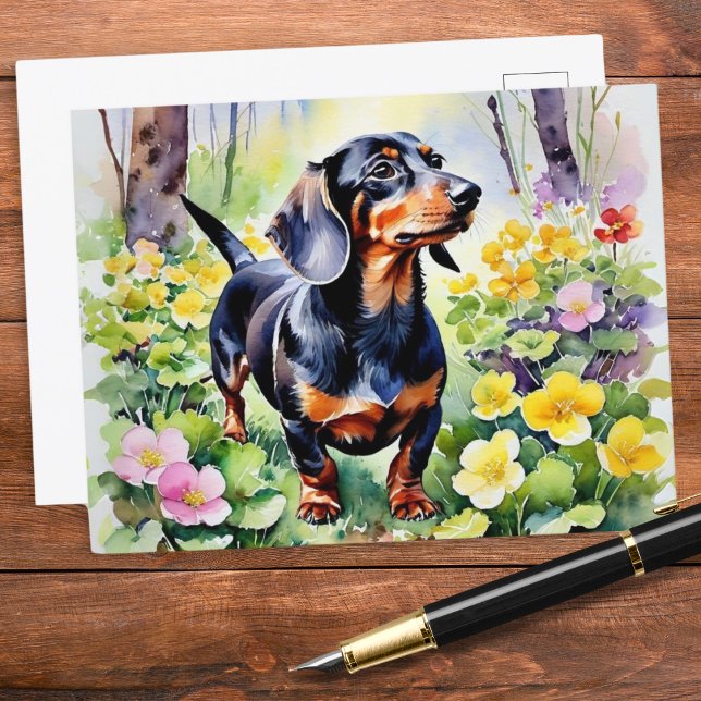 Postal Flores de rosas de primavera de perro de Dachshund (A pretty postcard featuring a cute dachshund in woodland, with colorful primrose flowers in Spring)