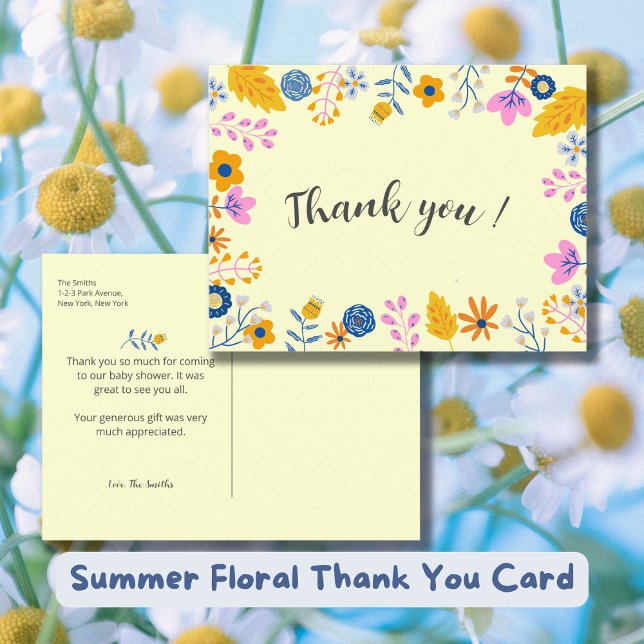 Postal Flores de verano acuáticas Baby Shower Gracias (Summer Floral Thank you card - Baby Shower Thank you Card.)