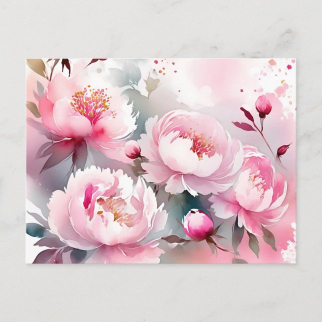 Postal Flores delicadas de acuarela en rosa suave (Anverso)