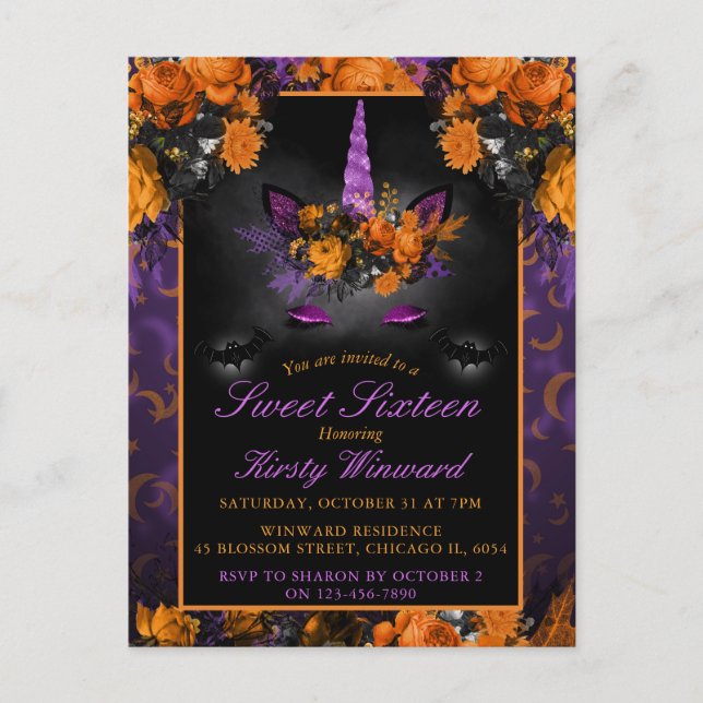 Postal Flores elegantes de Halloween Unicornio Dulces 16  (Anverso)
