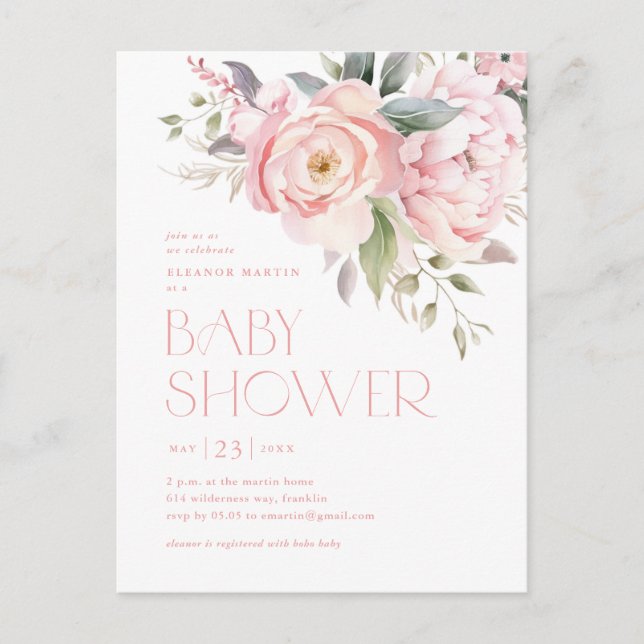 Postal Flores Elegantes de Rosa Verde Jardín Baby Shower (Anverso)