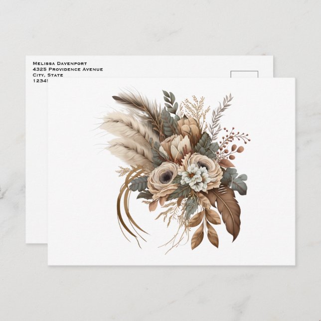 Postal Flores elegantes Foliage y plumas (Anverso / Reverso)