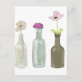 Postal flores en botellas de vidrio. Colores pasteles