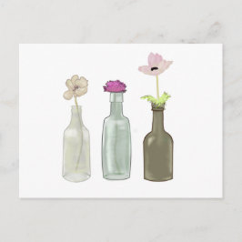 Postal flores en botellas de vidrio. Colores pasteles
