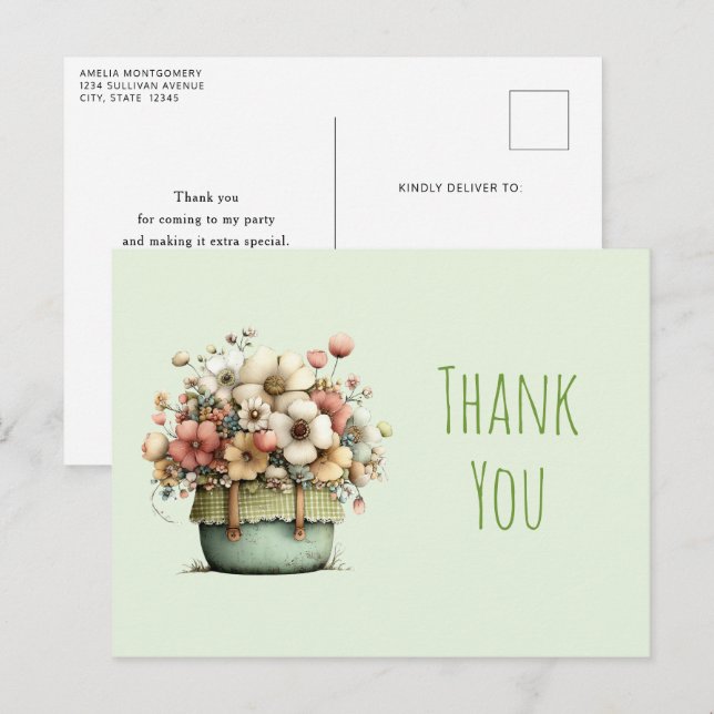 Postal Flores en macetas estilo shabby chic, gracias lind (Anverso / Reverso)