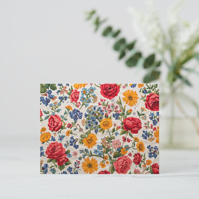 Postal Flores en todas partes, diseño colorido, (Anverso de pie)