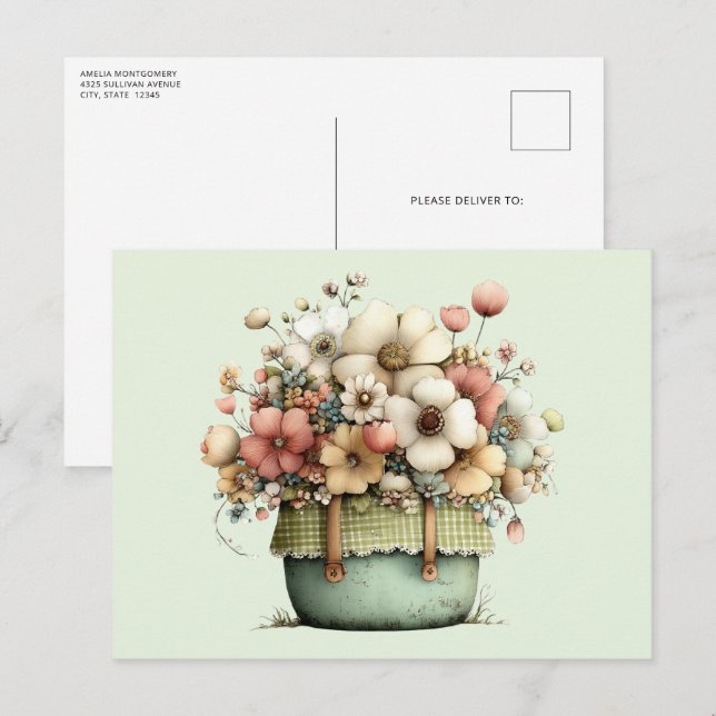 Postal Flores en una maceta acogedora shabby cute (Anverso / Reverso)