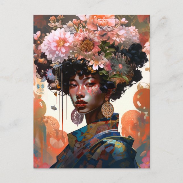 Postal Flores femeninas de fantasía bello arte (Anverso)